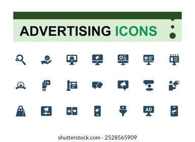 Advertising solid Icons set. Filled and outline Flat icon collection, Add, promotion, Marketing and more. Editable and pixel perfect symbol pack. Vector Illustration.