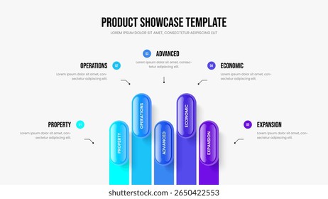 Advertising Solution Five Option Infographic Slideshow Template. Market Performance Frame Design Vector Illustration. Professional Showcase 5 Element Diagram Presentation Layout.