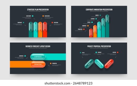 Advertising Solution Four Five Two Three Step Diagram Presentation Layout Vector Illustration Collection. Corporate Proposal 4 5 2 3 Element Infographic Slide Template Bundle.
