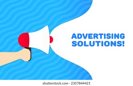 Advertising solutions icon. Flat, blue, megaphone in hand, advertising solutions sign. Vector icon