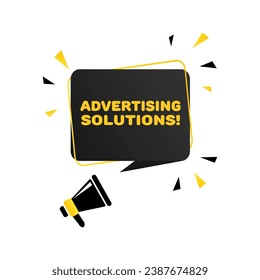 Advertising solutions sign. Flat, yellow, message bubble, text from a megaphone, advertising solutions sign. Vector icon