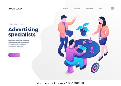 Advertising specialists isometric landing page template. PR agency workers, colleagues discussing projects. Adverts creation experts. Creative mass media industry career website page design layout