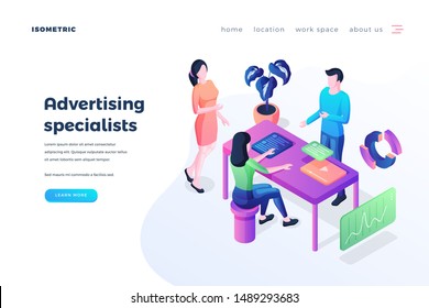 Advertising specialists landing page vector template. Marketing agency website homepage interface idea with isometric illustration. Professional marketers service web banner 3D cartoon concept