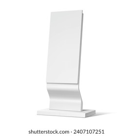 Advertising stand display mockup, white vertical billboard or ad lightbox, isolated vector. Information board display, blank 3D object of POS panel or retail advertising screen display mock up