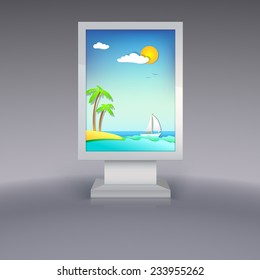 Advertising stand with the sea, palm trees and a yacht