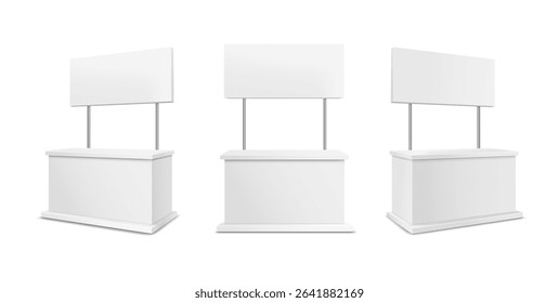 Advertising stands. Display table, Realistic blank retail kiosk or counters different angles, 3d promotional desk with sign top, clean empty promo tables Vector isolated set