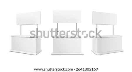 Advertising stands. Display table, Realistic blank retail kiosk or counters different angles, 3d promotional desk with sign top, clean empty promo tables Vector isolated set