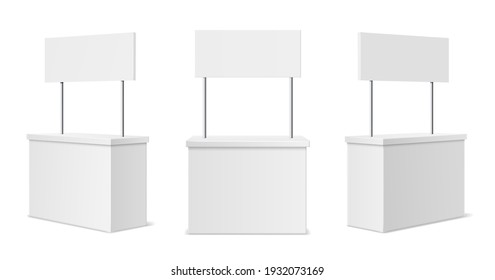Advertising stands. Realistic blank modern simple rack or counters multiple camera angles, 3d promotional desk with sign top, clean empty promo tables with signboard white mockup. Vector isolated set