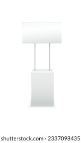 Advertising stands. Realistic modern simple, 3d promotional desk with sign top, clean empty promo tables with signboard white mockup. Vector