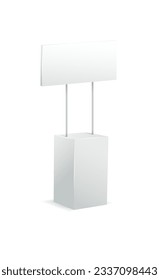 Advertising stands. Realistic modern simple, 3d promotional desk with sign top, clean empty promo tables with signboard white mockup. Vector