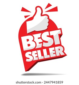 Advertising sticker best seller with red thumb up. Vector on transparent background