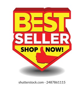 Advertising sticker best seller with red thumb up. Vector on transparent background