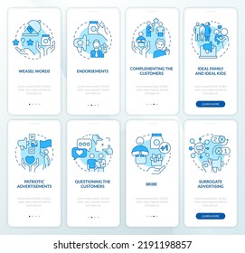 Advertising strategies blue onboarding mobile app screen set. Walkthrough 5 steps editable graphic instructions with linear concepts. UI, UX, GUI template. Myriad Pro-Bold, Regular fonts used