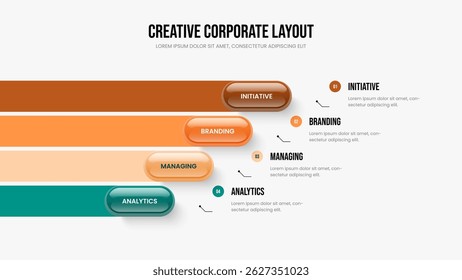 Advertising Strategy 4 Step Infographic Slideshow Layout. Corporate Portfolio Slide Design Vector Illustration. Company Innovation Four Element Diagram Frame Template.