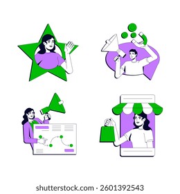Advertising strategy vector illustration concept set. Online commerce, business. Retail, market. Lead generation, customers. Stylized cartoon characters isolated on white. Flat 2D line art pack