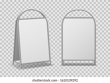 Advertising street stand. Empty announcement sandwich stands from different angles, sidewalk signs, handheld street offering board isolated vector mockup set svg