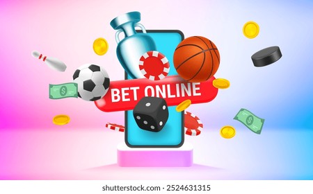 Advertising studio with sport inventory. Bet online concept. Realistic 3d vector illustration 