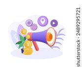 Advertising submission illustration. Loudspeaker, coin, geo location, play. Editable vector graphic design.