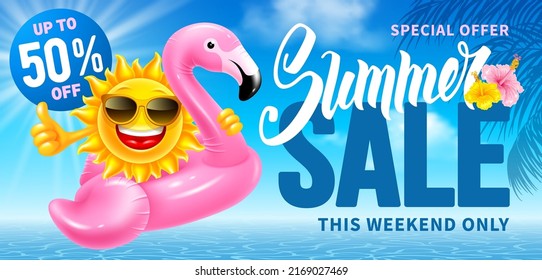 Advertising of summer sale and discount. Up to 50 percents off. Design with lettering, sunbeams, fun sun character swims in inflatable pink flamingo on blue sea and sky background. Vector illustration