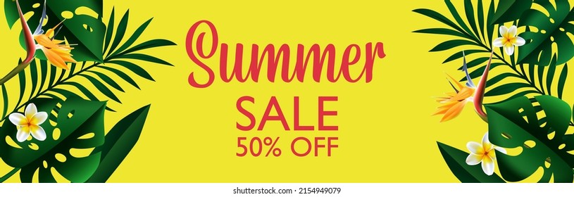 Advertising of summer sale, discounts and 50 percent of price reduction for clients. Shopping and purchasing with lowered costs. Special bargain inexpensive goods banners. Vector in flat style