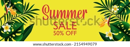 Advertising of summer sale, discounts and 50 percent of price reduction for clients. Shopping and purchasing with lowered costs. Special bargain inexpensive goods banners. Vector in flat style