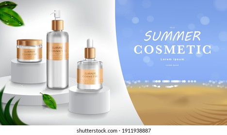 Advertising for sunscreen cream and spray. Cosmetic tube and realistic bottle at beach and sea. Branding and packaging design template. vector illustration