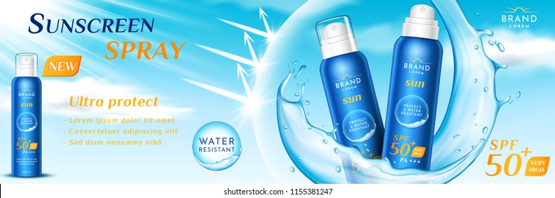 Advertising of sunscreen spray for skincare. Product packaging for sunblock realistic aerosol or 3d dispenser for suntan. Branding with water splatter. Ads and beach, pack and sunburn theme