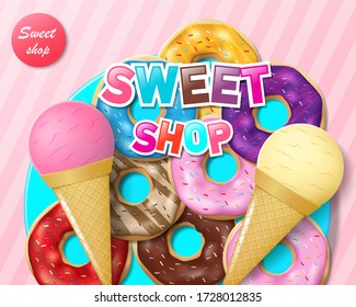 Advertising for sweet bakery or candy shop and cafe. Donuts and ice cream on blue plate. Colorful sweet candy shop ads. Poster for children s birthday party. Vector