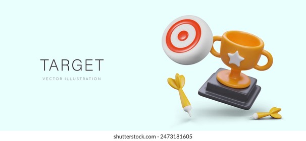 Advertising targeting services. Hitting target, golden trophy of winner