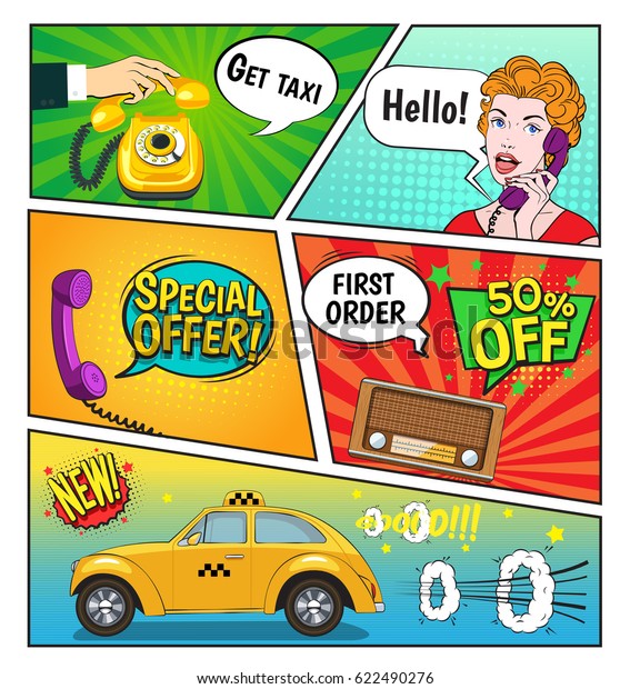 Advertising\
of taxi service comic book page including speech bubbles discounts,\
woman with phone, radio vector illustration\
