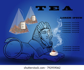 Advertising tea. The image of a tea Cup, teabags and sculpture on a blue background.