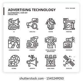 Advertising technology icon set for web design, book, magazine, poster, ads, app, etc.