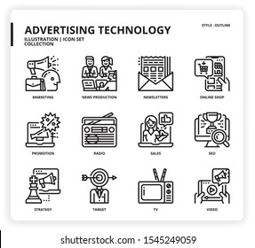 Advertising technology icon set for web design, book, magazine, poster, ads, app, etc.