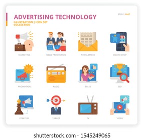 Advertising technology icon set for web design, book, magazine, poster, ads, app, etc.