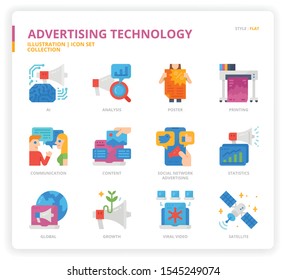 Advertising technology icon set for web design, book, magazine, poster, ads, app, etc.