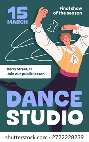 Plantilla publicitaria de la clase de bailarinas de ballet. Diseño de cartel de evento de escuela de baile clásico. Diseño de promoción con artista de teatro en traje, zapatos de punta se mueve con música. Ilustración vectorial plana