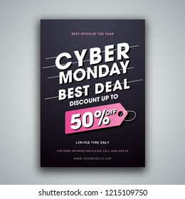 Advertising template or flyer design with 50% discount offer for Cyber Monday Sale.