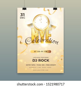 Advertising Template Or Flyer Design With Countdown Timer, Wine Glasses And Venue Details For NYE (New Year Eve) Celebration.