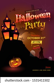 Advertising template or flyer design with haunted house, spooky jack-o-lantern and yelling wolf for Halloween Party.