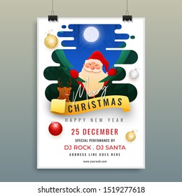 Advertising template or flyer design with santa claus, reindeer and event details for Merry Christmas celebration.