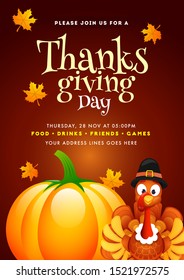 Werbevorlage oder Flyer-Design mit Truthühnervogel, Kürbis und Veranstaltungsdetails für Thanksgiving-Day-Feiern.