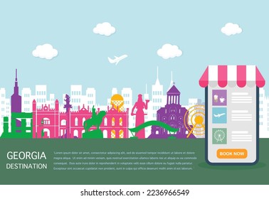 Advertising template with Georgia Destination concept and world famous landmarks with colorful elements. Application for booking on mobile. Flat style vector illustration.