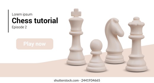 Advertising template for online chess tutorial. Realistic chess pieces