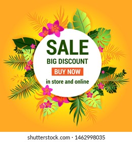 Advertising template for seasonal sales. Summer sale banner with palm leaves and flowers. Tropical background. Vector yellow illustration.