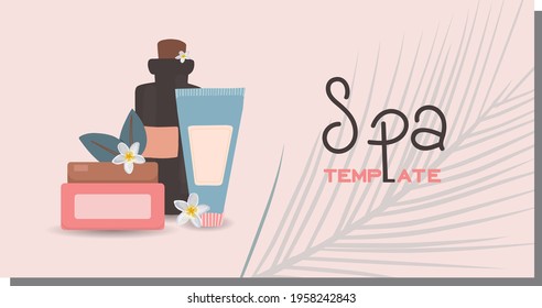 Advertising template for spa salon. Beauty salon horizontal banner. Personal care and cosmetics concept. Relaxation and massage. Cosmetics and items discount. Vector illustration
