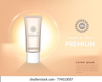 Advertising template, sunscreen, 3D plastic tube for advertising or magazine.
