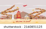 Advertising template with travel to Japan concept, Sendai famous landmarks in autumn. Flat style vector illustration.