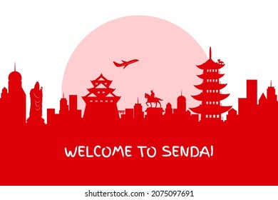 Advertising template with travel to Japan concept, Sendai famous landmarks with red color on sun background. Flat style vector illustration.