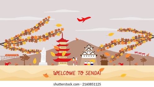 Advertising template with travel to Japan concept, Sendai famous landmarks in autumn. Flat style vector illustration.