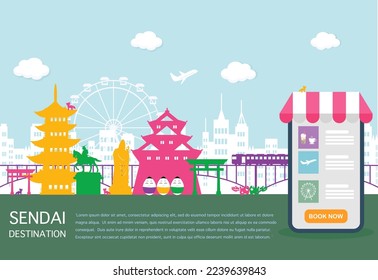 Advertising template with travel to Japan concept, Sendai Destinations , famous landmarks with colorful elements. Application for booking on mobile. Flat style vector illustration.
